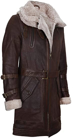 Infinity Leather Men's Long Brown Sheepskin Double Collar Coat
