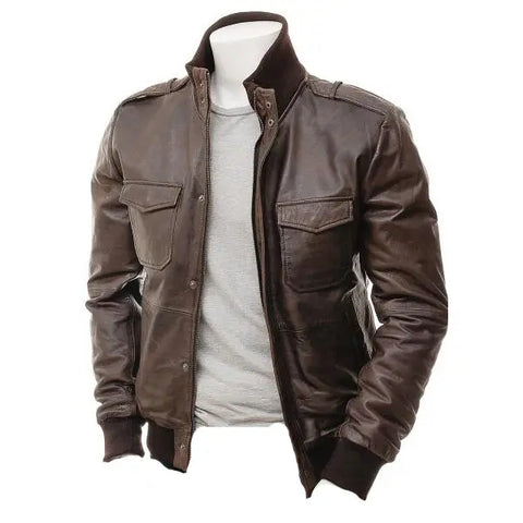 Men’s Dark Brown Leather Jacket with Shoulder Patches