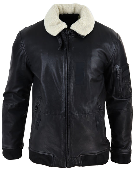 Mens Black Leather Bomber Jacket with White Collar