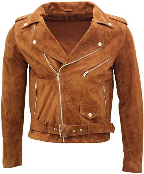Men's Classic Brando Casual Tan Suede Leather Biker Jacket