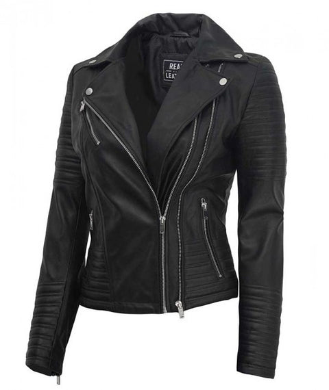 Nicholle Womens Black Asymmetrical Biker Jacket
