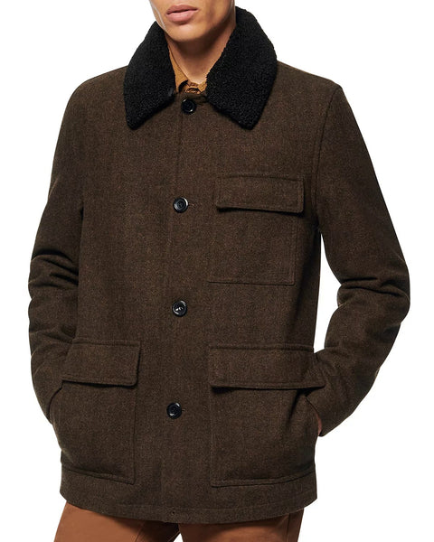 Brown Wool Coat With Faux Fur Collar For Casual Wear