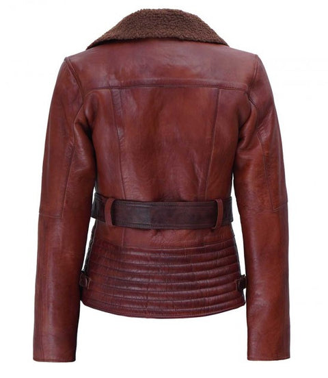 Tomb Brown Sherpa Collar Leather Jacket Womens