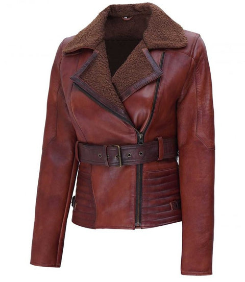 Tomb Brown Sherpa Collar Leather Jacket Womens