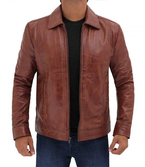 Mens Reeves Casual Stylish Brown Fitted Biker Leather Jacket