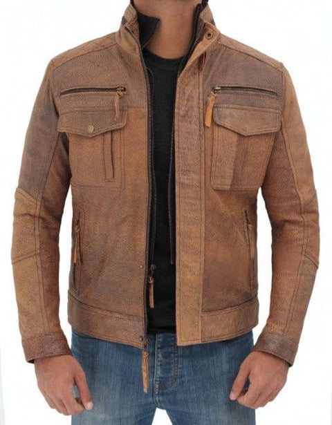 Moffit Distressed Light Brown Motorcycle Style Leather Jacket