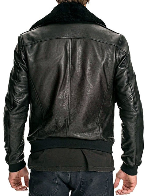 Men’s Air Force Leather Bomber Jacket Fur Collar Black
