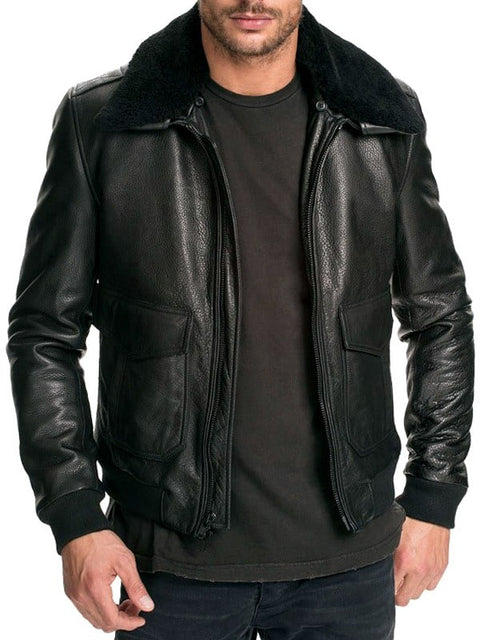 Men’s Air Force Leather Bomber Jacket Fur Collar Black