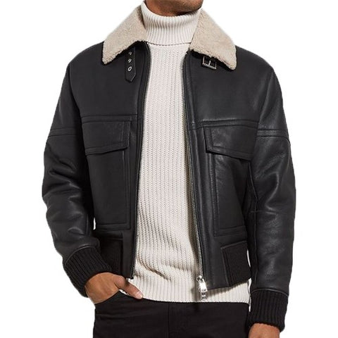 Men’s Real Black Bomber Leather Sherpa Jacket