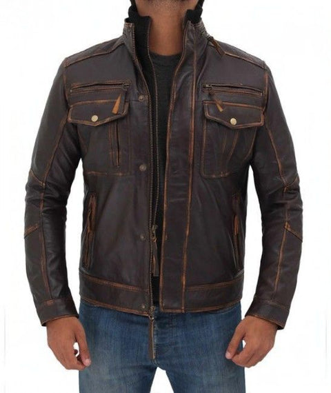 Moffit Dark Brown Genuine Leather Motorcycle Style Jacket