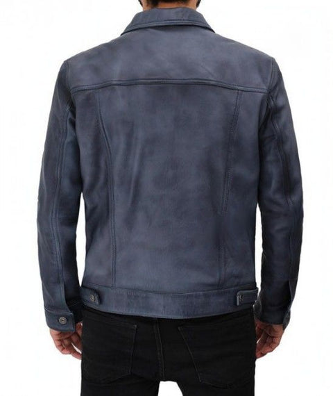 Fernando Trucker Navy Leather Jacket