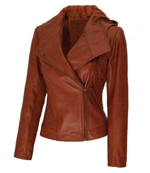 Cidra Women Brown Hooded Asymmetrical Zip Leather Jacket