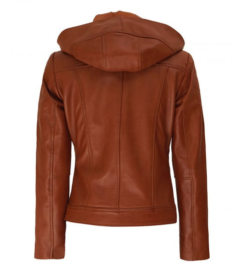 Cidra Women Brown Hooded Asymmetrical Zip Leather Jacket