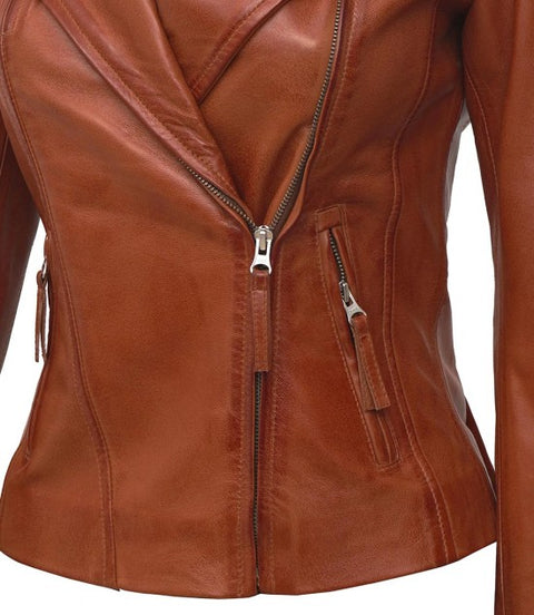 Ramsey Womens Tan Asymmetrical Slim Fit Leather Jacket
