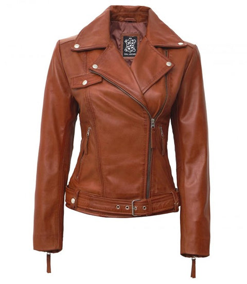 Angela Women Tan Asymmetrical Leather Jacket