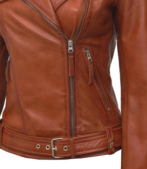 Angela Women Tan Asymmetrical Leather Jacket