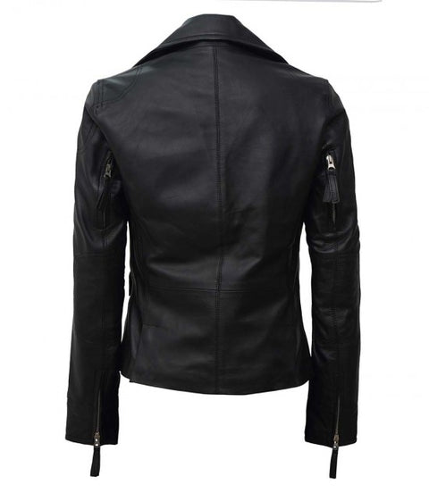 Ramsey Womens Black Asymmetrical Slim Fit Leather Jacket