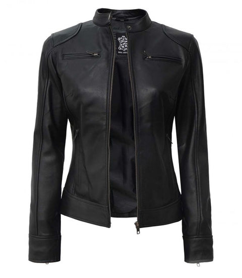 Dodge Womens Black Biker Style Leather Jacket