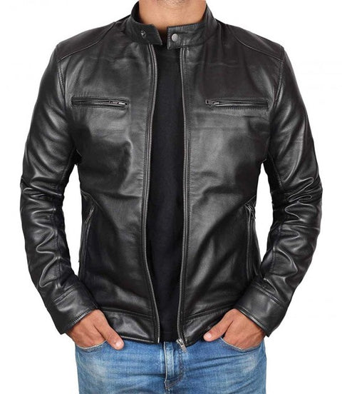 Dodge Mens Black Lambskin Biker Style Leather Jacket