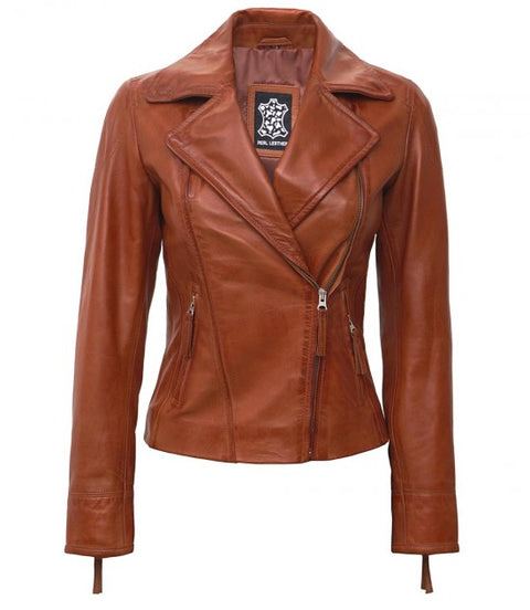 Ramsey Womens Tan Asymmetrical Slim Fit Leather Jacket