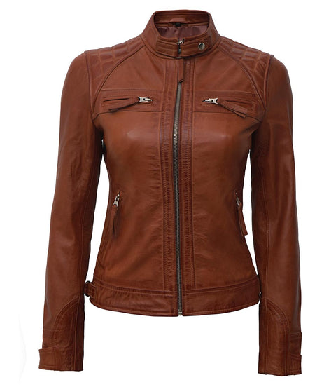 Johnson Women Tan Quilted Motorcycle Leather Jacket