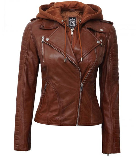Bagheria Womens Tan Hooded Leather Jacket