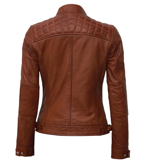Johnson Women Tan Quilted Motorcycle Leather Jacket