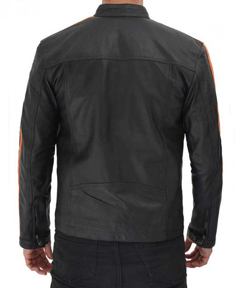 Harland Stripe Black Leather Cafe Racer Style Jacket for Men