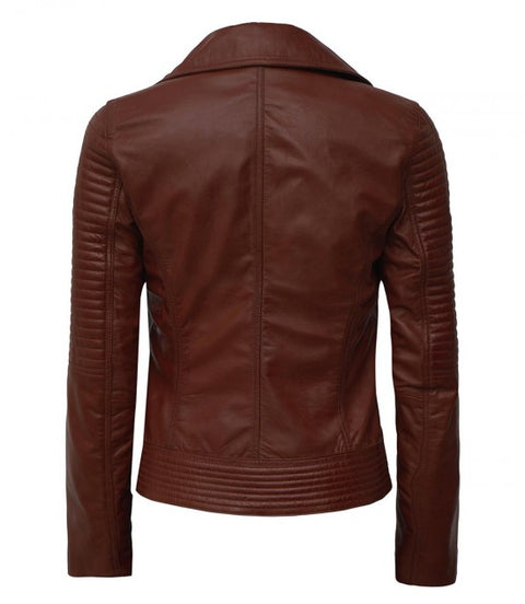 Women Brown Biker Quilted Leather Jacket