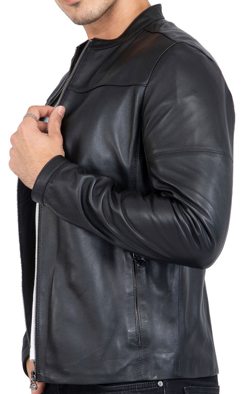 Mens Black Genuine Leather Biker Jacket – Slim Fit