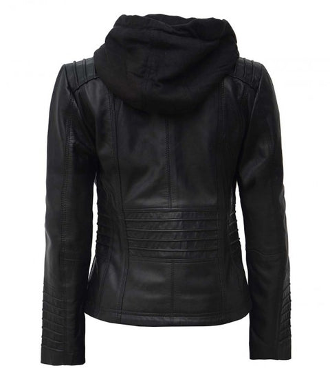 Womens Black Cafe Racer Leather Jacket With Removable Hood