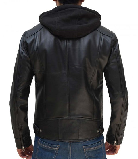 Dodge Mens Black Leather Jacket With Hood