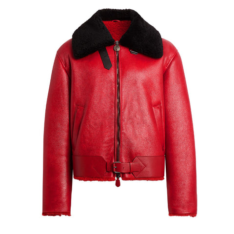 Women's And Men's Red Shearling Bomber Jacket