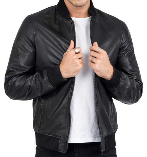 Lamb Real Leather Black Bomber Jacket for Men Regular Fit – B203