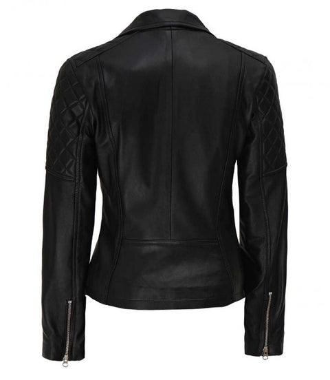 Crystal Womens Black Biker Quilted Leather Jacket