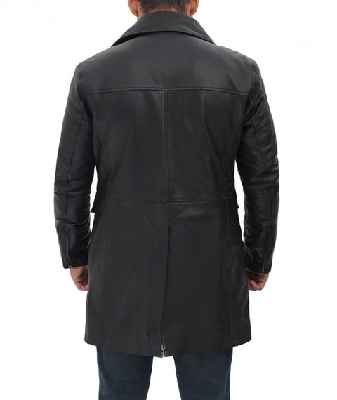 Mens Black Leather 3 4 Length Car Coat