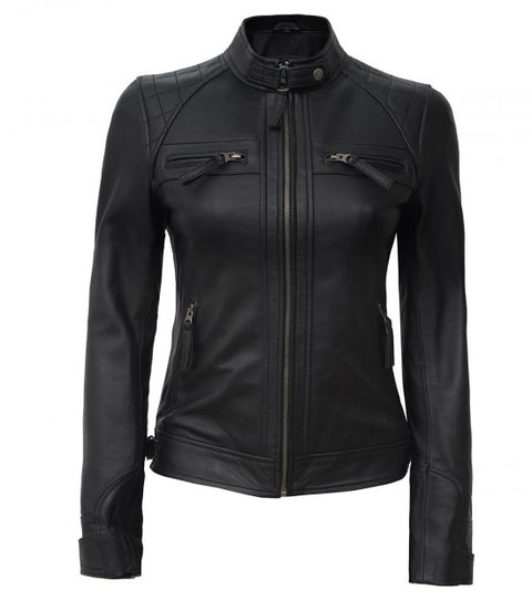 Johnson Women Black Quilted Motorcycle Leather Jacket