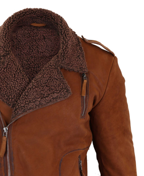 Real Leather Men’s Cross-Zip Biker Jacket, Fleece Lined-Tan
