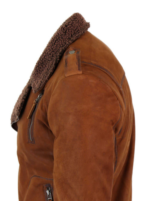 Real Leather Men’s Cross-Zip Biker Jacket, Fleece Lined-Tan