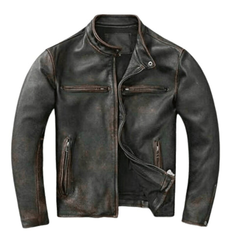 Men’s Motorcycle Vintage Cafe Racer Distressed Black Biker Leather Jacket