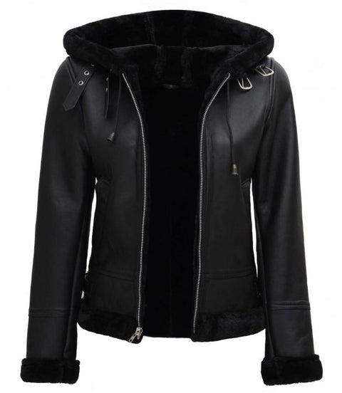 Grace Womens Black Fur Hooded Leather Jacket