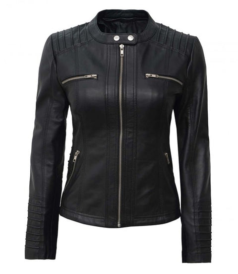 Womens Black Cafe Racer Leather Jacket With Removable Hood