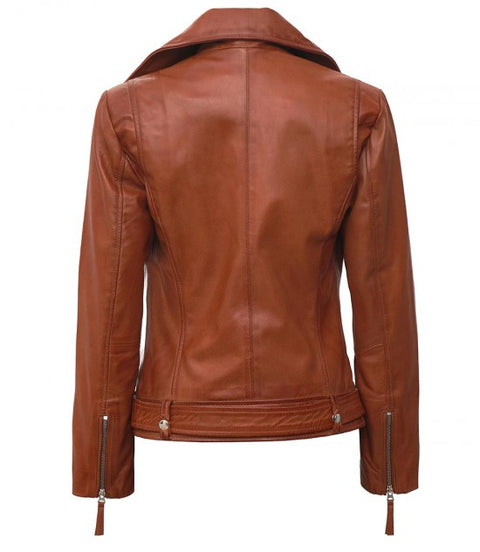Angela Women Tan Asymmetrical Leather Jacket Back