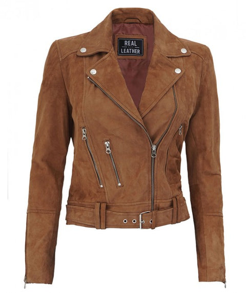 Melanie Womens Brown Suede Leather Biker Jacket