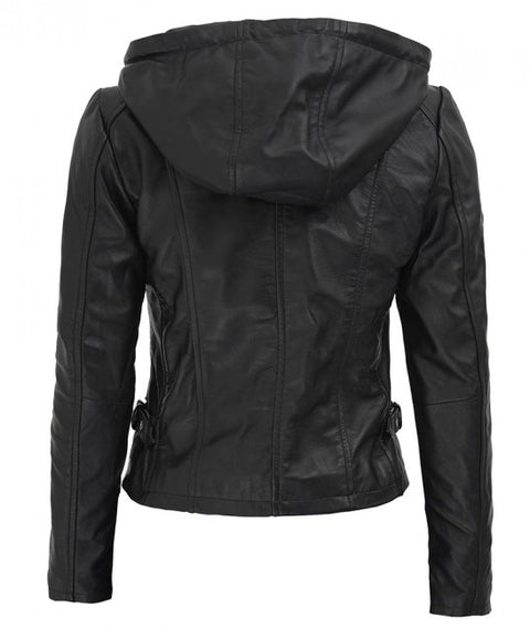 Joan Womens Black Leather Hooded Jacket
