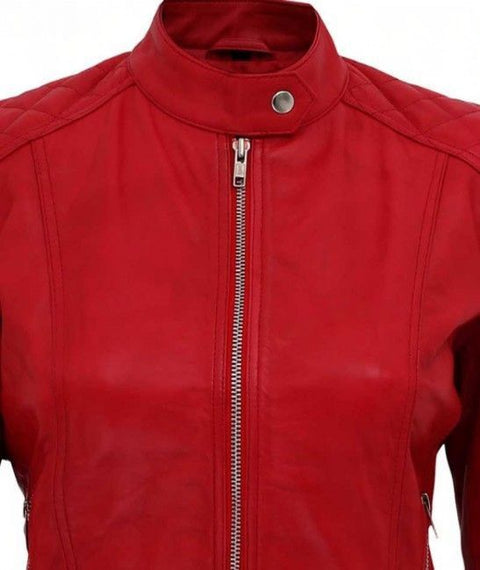 Andria Women Red Quilted Cafe Racer Leather Jacket