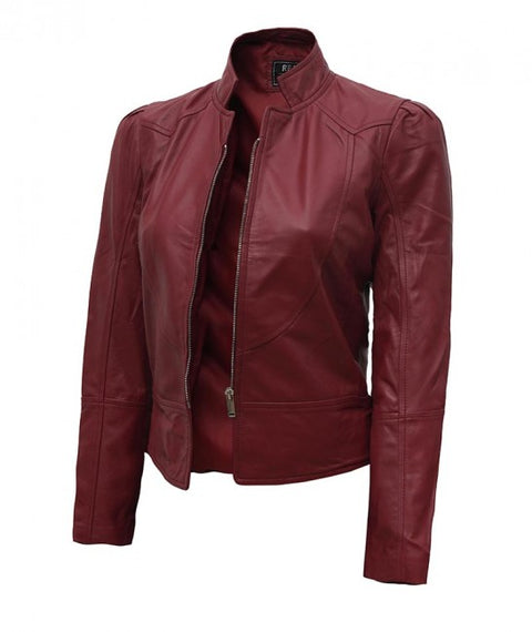 Amy Womens Fitted Leather Jacket Maroon