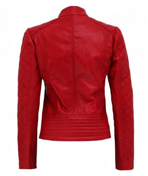 Andria Women Red Quilted Cafe Racer Leather Jacket Back
