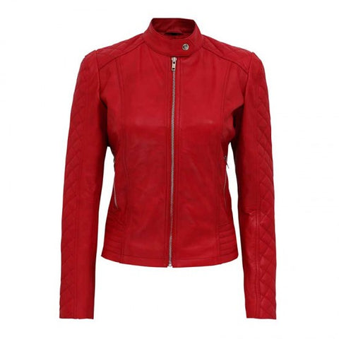 Andria Women Red Quilted Cafe Racer Leather Jacket