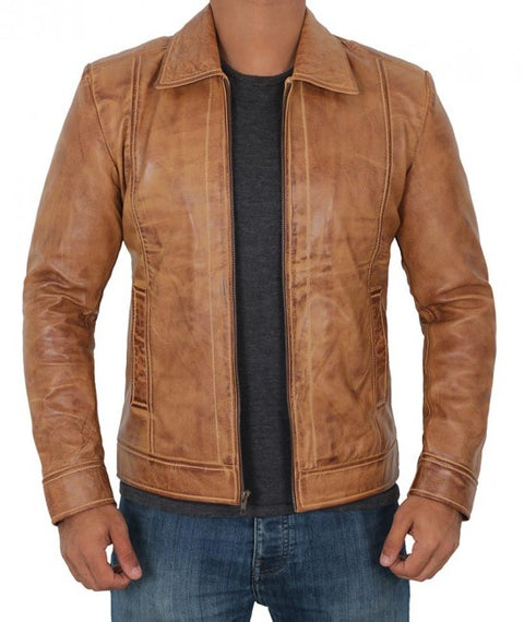 Reeves Yellow Distressed Leather Jacket Mens